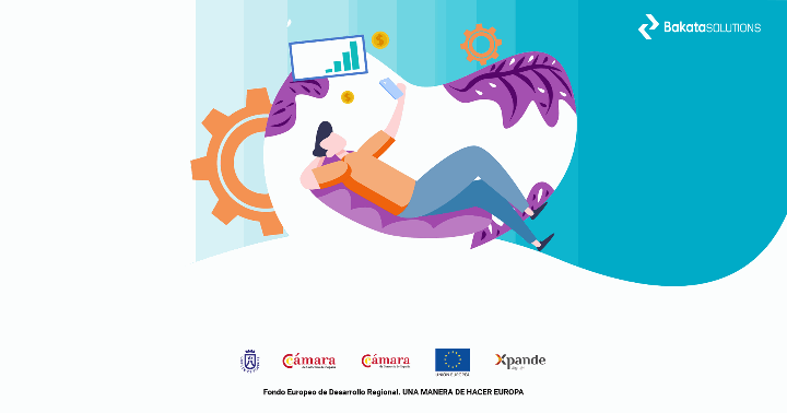 Marketing digital Ilustración vectorial donde se ve a un señor usando el móvil enfrente de fondos decorados y un gráfico estadístico, haciendo alusión al Marketing digital